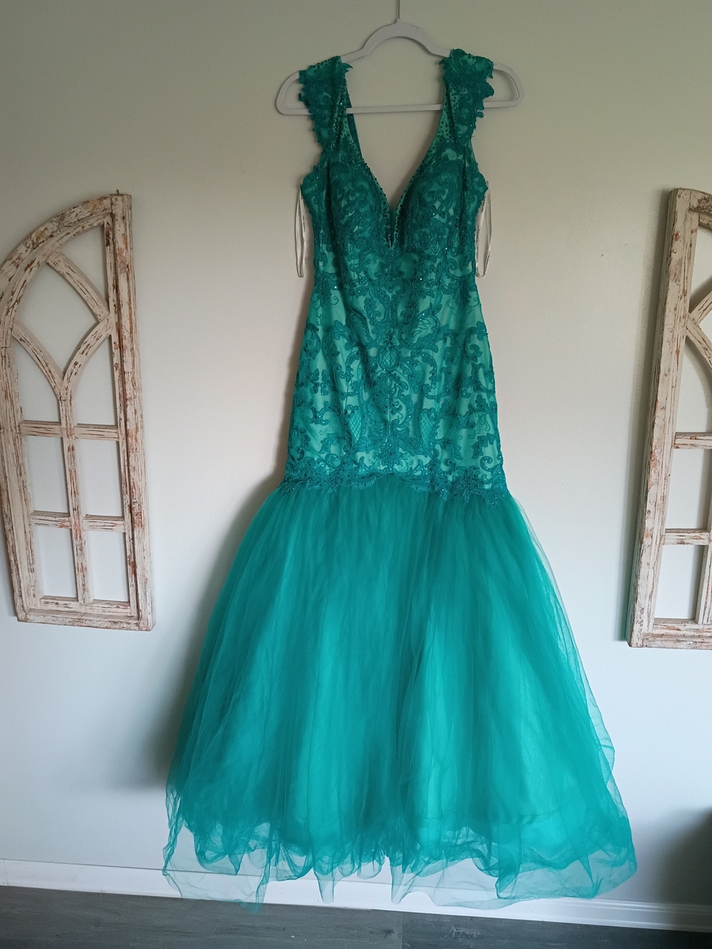 Sherri Hill Teal Lace Mermaid Tulle Gown
